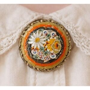 Italian Micro Mosaic Brooch Vintage MCM 1950s Floral Pin Made in Italy Italian